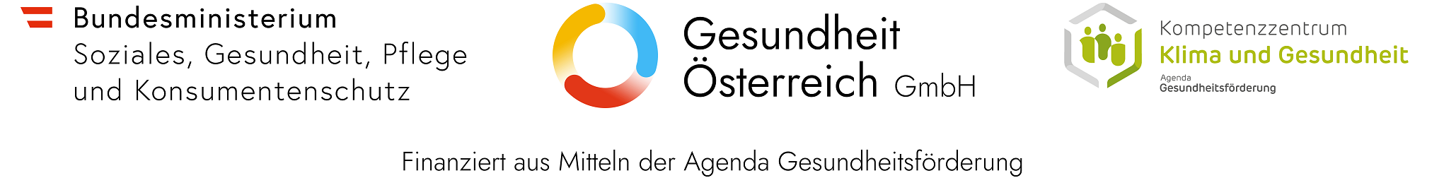 Logo des Gesundheitsministeriums, der Gesundheit Österreich GmbH und des Kompetenzzentrums Klima und Gesundheit. Finanziert aus Mitteln der Agenda Gesundheitsförderung.